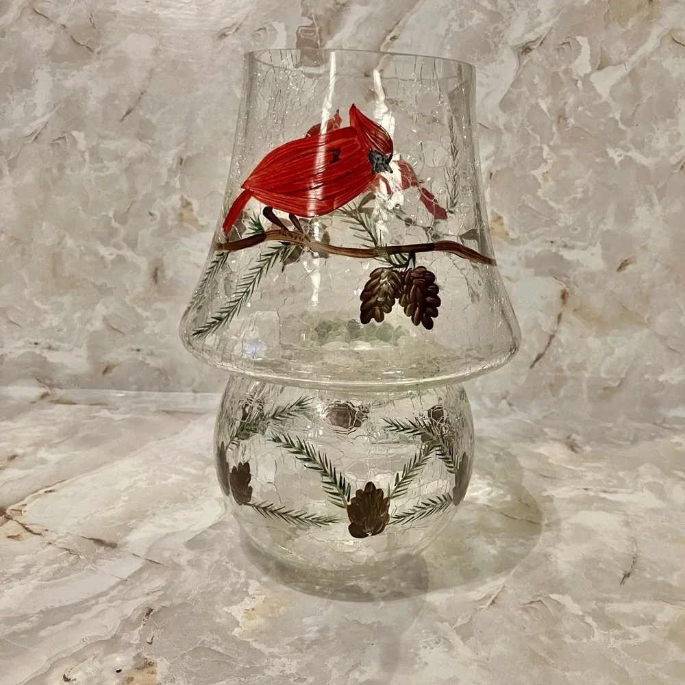 Yankee Candle Crackle Glass Cardinal Lamp Set Votive Holder Hurricane Shade